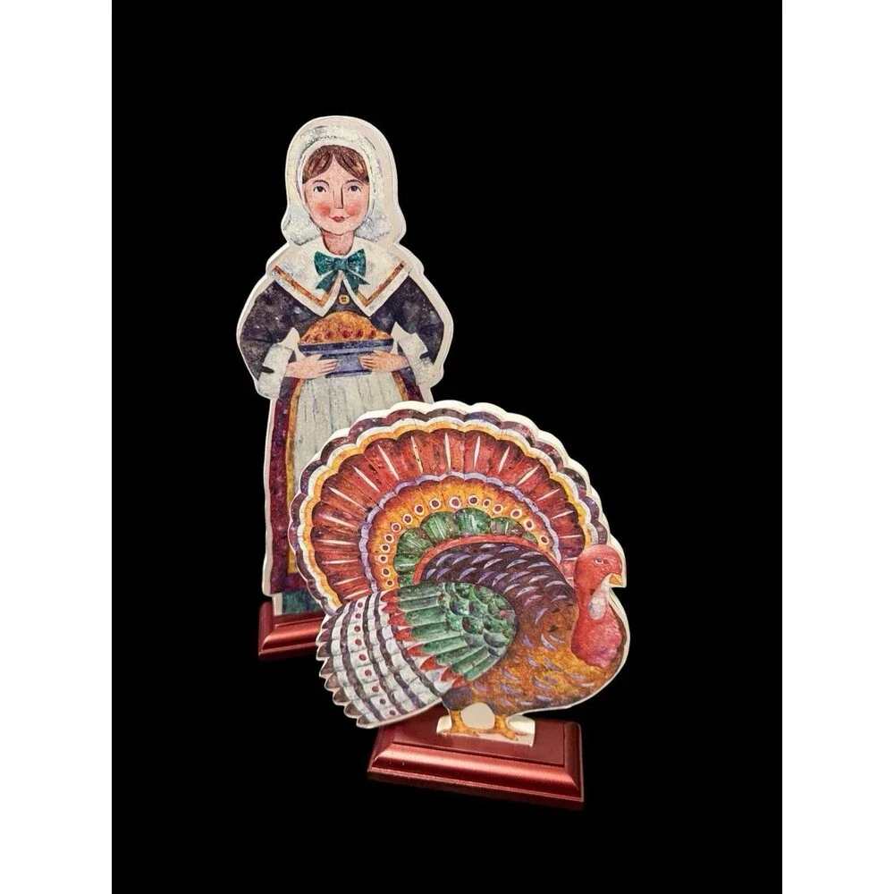 3 Vtg Hallmark Thanksgiving Pilgrims Turkey Die Cut Wooden Stand Decorations